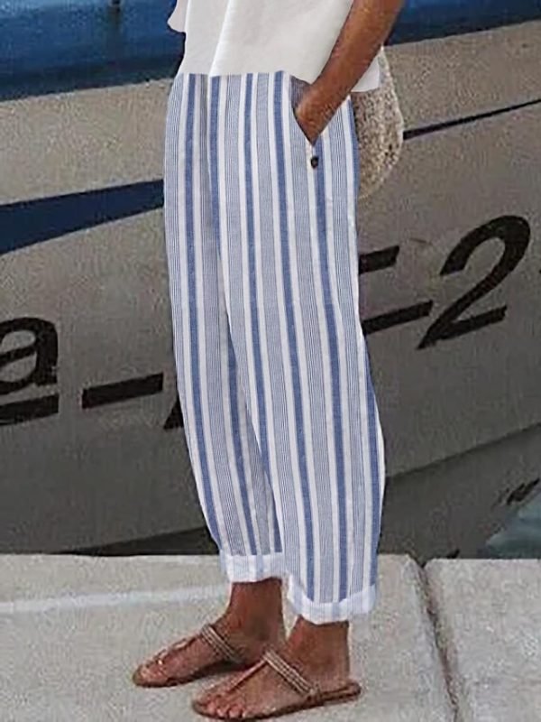 Women's Pants Trousers Faux Linen Blue Gray Fashion Casual Daily Side Pockets Full Length Comfort Striped S M L XL XXL