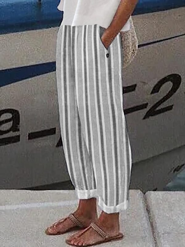 Women's Pants Trousers Faux Linen Blue Gray Fashion Casual Daily Side Pockets Full Length Comfort Striped S M L XL XXL