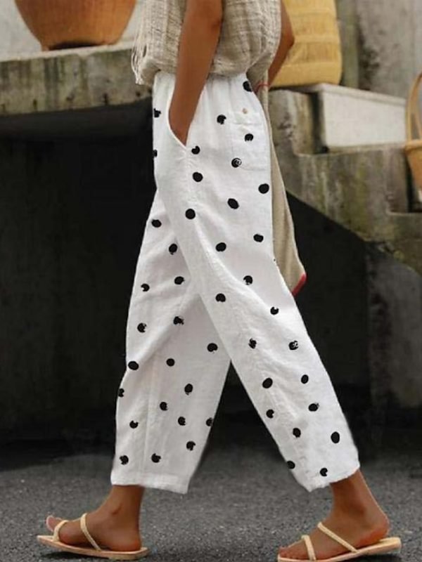 Women's Pants Trousers Faux Linen Black White Dark Gray Fashion Casual Weekend Side Pockets Full Length Comfort Polka Dot S M L XL XXL