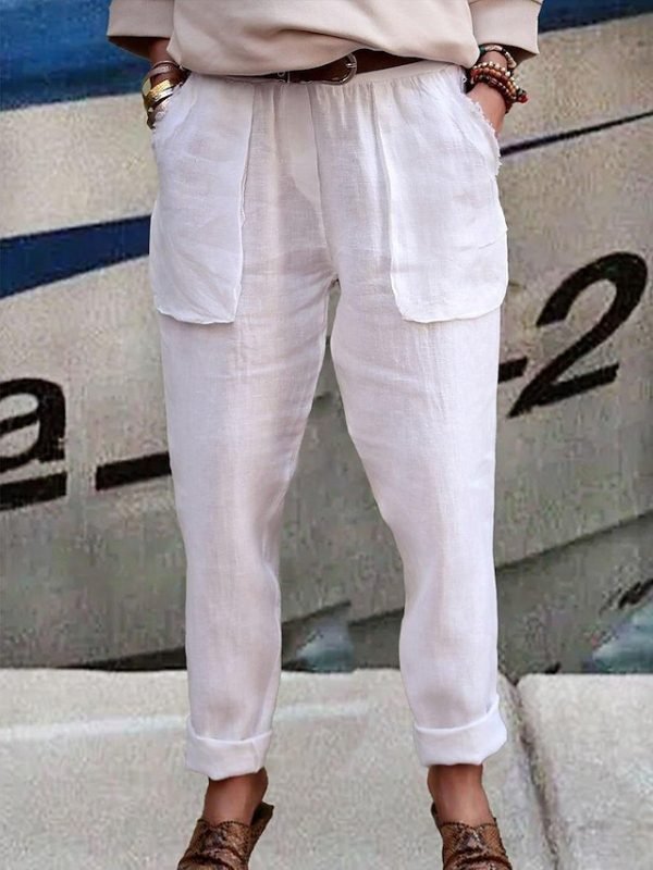 Women's Pants Trousers Straight Faux Linen White Fashion Basic Daily Vacation Side Pockets High Cut Calf-Length Comfort Plain S M L XL 2XL